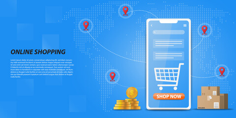 vector online shopping sale on application and website concept, digital marketing and money online, shopping cart on smartphone screen background