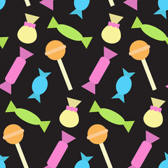 Colorful seamless pattern with different candies and lollipops. Print for textiles, fabric, wallpaper, cards, gift wrap and clothes. Endless design. Doodle style illustration. Sweet and tasty theme
