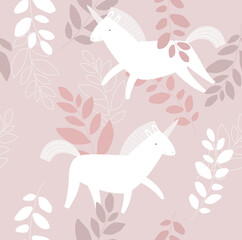 Print. Seamless background with white unicorns. Unicorns in the foliage. Pink flower pattern. Fabric, paper, wallpaper.