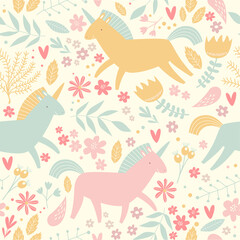 Print. Seamless background with cartoon unicorns. Cute bacground. Unicorns in the garden. Floral pattern. Pattern for children. Fabric, paper, wallpaper for children.