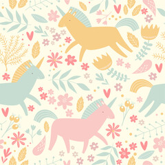 Print. Vector seamless background with cartoon unicorns. Cute bacground. Unicorns in the garden. Floral pattern. Pattern for children. Fabric, paper, wallpaper for children.