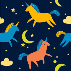 Print. Vector seamless background with cartoon unicorns. Unicorns in the night sky. Night sky pattern. Fabric, paper, wallpaper for children.