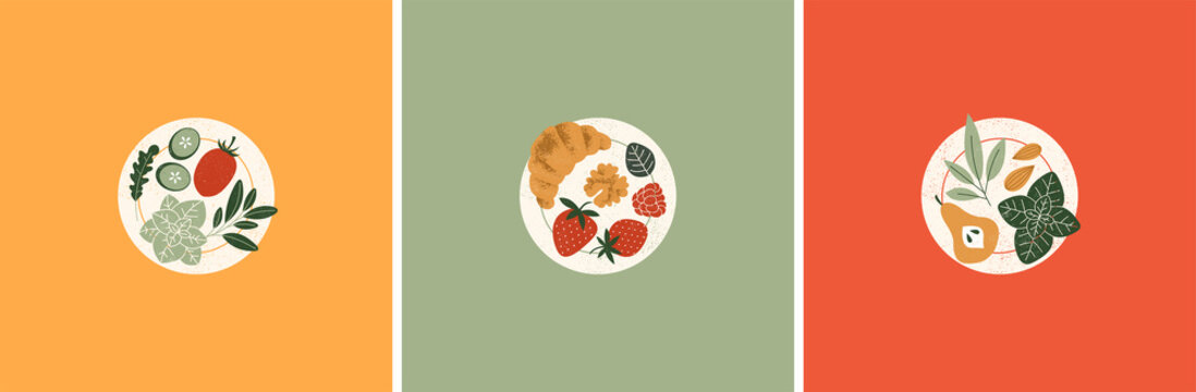 Various food on the plates. Organic food collection. Vintage illustration.