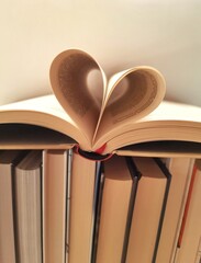 Diverse books with one open book and curled leaves in the shape of a heart. Education and learning, reading