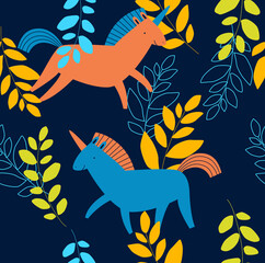 Print. Seamless background with  unicorns. Unicorns in the foliage. Vector seamless background with bright unicorns. Unicorns in the foliage. Bright leafy pattern. Fabric, paper, wallpaper.