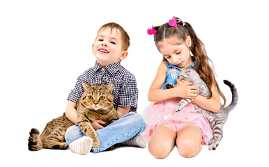 Cute children sitting with cats  isolated on white background