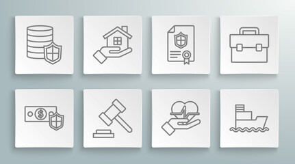 Set line Money with shield, House in hand, Judge gavel, Life insurance, Ship, Contract, Briefcase and icon. Vector