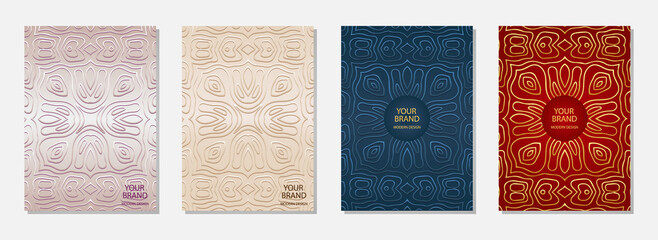 Fototapeta premium Cover design set, vertical templates. Collection of embossed colorful backgrounds. Geometric ethnic golden 3d pattern. Minimalistic creativity of the peoples of the East, India, Mexico, Aztecs.