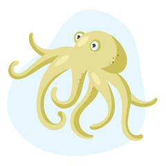 Cute yellow octopus on a blue background. Flat cartoon vector illustration.