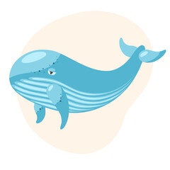 Charming blue whale on a beige background. Flat cartoon vector illustration.