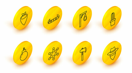 Set line Cowboy, Tomahawk axe, Hexagram sheriff, Bomb ready to explode, Cactus peyote in pot, Gallows, Kayak or canoe and paddle and bandana icon. Vector