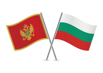 Montenegro and Bulgaria crossed flags. Montenegrin and Bulgarian flags isolated on white background. Vector icon set. Vector illustration.