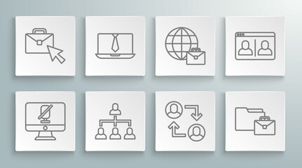 Set line Mute microphone on computer, Video chat conference, Hierarchy organogram chart, Project team base, Online working, and icon. Vector