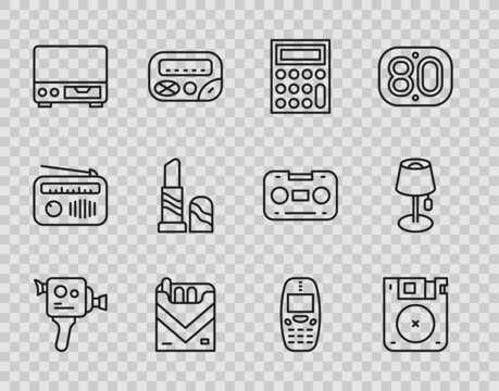 Set line Retro cinema camera, Floppy disk, Calculator, Cigarettes pack box, Old video cassette player, Lipstick, mobile phone and Floor lamp icon. Vector