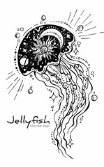 jellyfish with a planet inside. Moon, stars and sun. Abstract freehand drawing