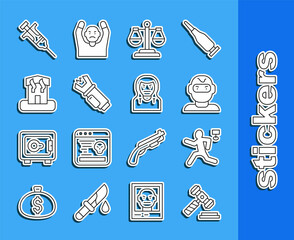Set line Judge gavel, Murder, Thief mask, Scales of justice, Police electric shocker, Arson home, Syringe and icon. Vector