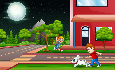 Cartoon happy children walking outdoor in city suburb streets