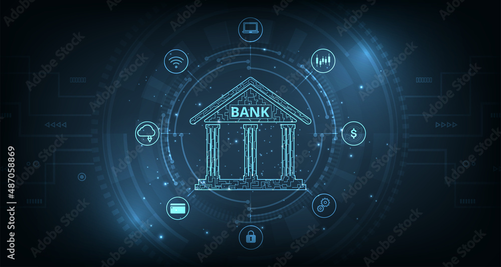 Poster online banking technology concept.isometric illustration of bank on electric circuit lines backgroun