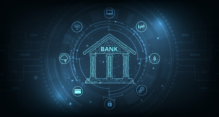 Online banking technology concept.Isometric illustration of bank on electric circuit lines background.Digital connect system.Financial technology concept.Vector illustration.EPS 10. 