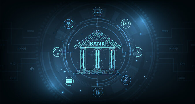 Online Banking Technology Concept.Isometric Illustration Of Bank On Electric Circuit Lines Background.Digital Connect System.Financial Technology Concept.Vector Illustration.EPS 10. 