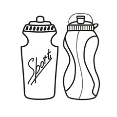 Sports fitness drink in bottle. Sports water bottles for beverage water or protein cocktails. Drinks for fitness. Linear vector illustration on white background. Doodle.