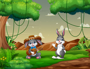 Mexican bunnies playing guitar and singing in a green field