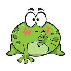 Cute embarrassed green frog, cartoon character isolated on white background. Emotion of admiration, embarrassment.
