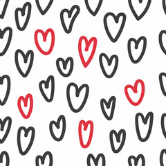 Hand drawn texture. Hearts, brush strokes, seamless pattern made with ink. Artistic fabric pattern. Valentine's day background