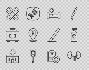 Set line Hospital building, Human kidneys, bed, Crutch or crutches, Crossed bandage plaster, Location hospital, Patient record and Antibacterial soap icon. Vector