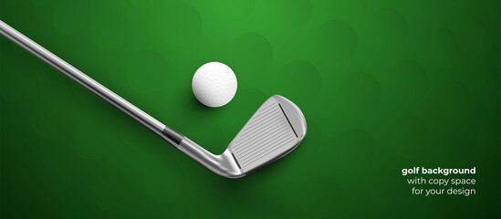 Golf club and ball with shadows on green background - obrazy, fototapety, plakaty
