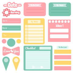 Cute paper notes. Stationary set. Scrapbook notes and cards.Printable planner stickers. To Do List note. Template for your message. Decorative planning element. Vector illustration.