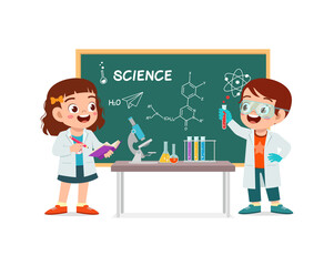cute little kid boy and girl do research in the lab