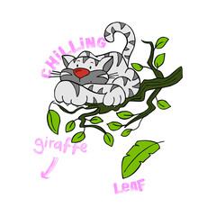 Cute white Tiger is on a branch with Chilling giraffe leaf typographic slogan  for t shirt printing, tee graphic design on pink background.