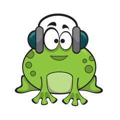 Cute frog listening music with headphone. Cute cartoon animal illustration on white