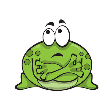 Cute green frog with crossed arms. Vector illustration in cartoon style. Print for T-shirts, shoppers. Waiting concept