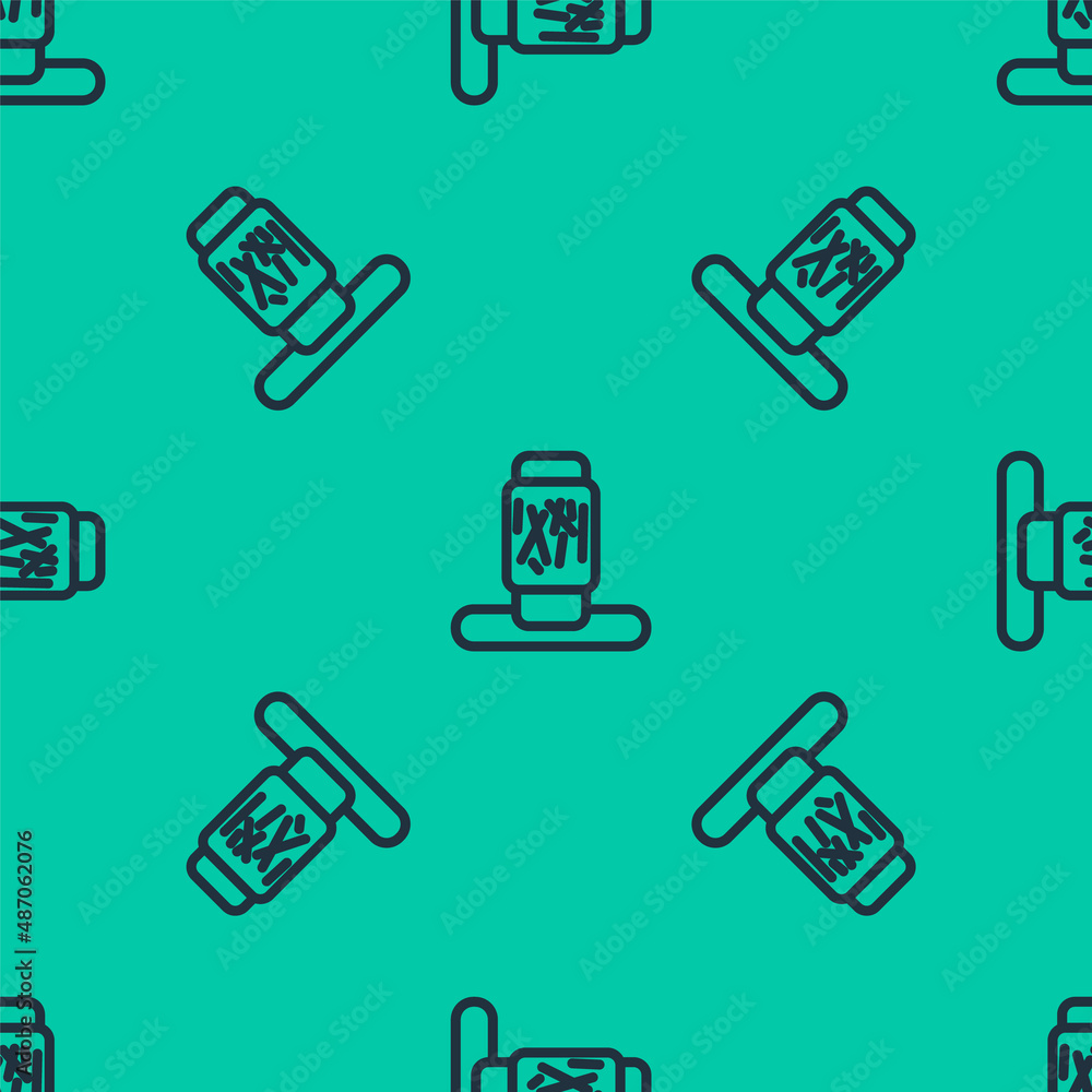 Poster blue line cat scratching post with toy icon isolated seamless pattern on green background. vector