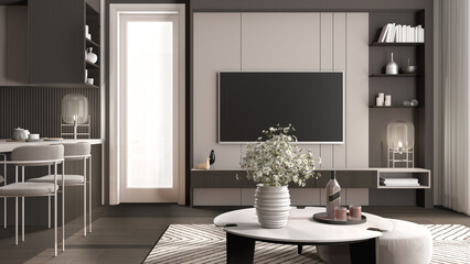 Modern dark and wooden living room and kitchen in minimalist apartment, window, table with daisy flowers, dining table with chairs. Carpet and parquet, television, interior design