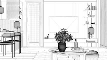 Blueprint project draft, living room and kitchen in minimalist apartment, window, table with daisy flowers, dining table with chairs. Carpet and parquet, television, interior design