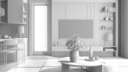 Total white project draft, living room and kitchen in minimalist apartment, window, table with daisy flowers, dining table with chairs. Carpet and parquet, television, interior design