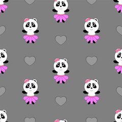 seamless pattern for girl with a cute panda in pink skirt and hearts.
