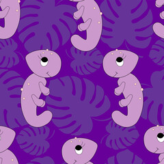 childish seamless pattern with cartoon chameleons on monstera leaves