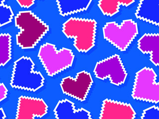 Happy Valentine's Day pixel art hearts seamless pattern. 8-bit hearts with stroke. Retro 8-bit video game. Design for greeting card, holiday background and banner. Vector illustration