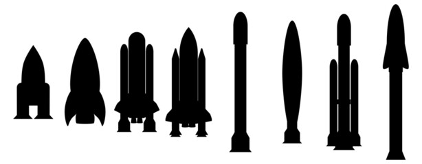 Black spaceships on a white background. Silhouettes of heavy rocket and space shuttles. Two-stage rocket launch vehicle. Rocket design for posters, banners and promotional items. Vector illustration