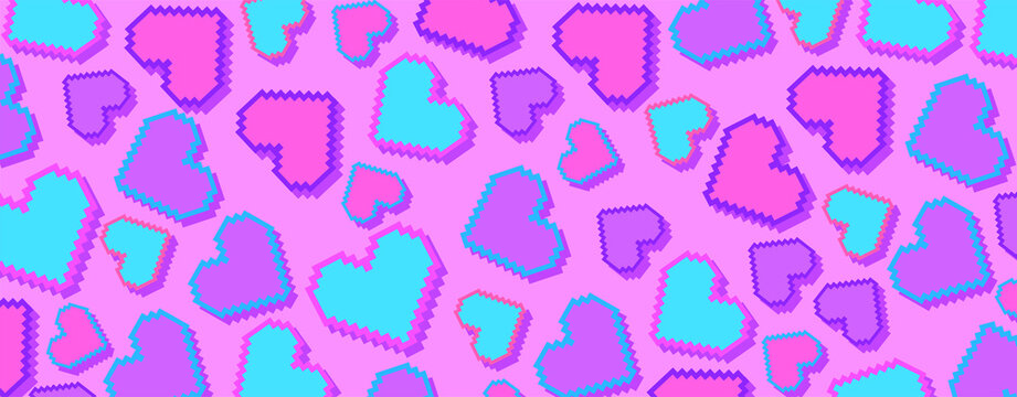 Happy Valentine's Day pixel art hearts horizontal banner. 8-bit hearts with stroke. Retro 8-bit video game. Design for greeting card, holiday background and banner. Vector illustration