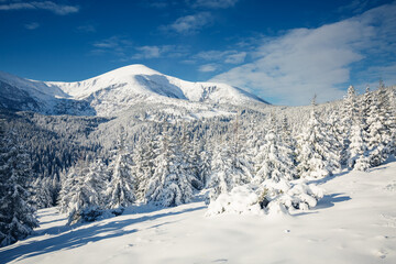 Fototapeta na wymiar Fabulous view of snow-capped mountains on frosty day.