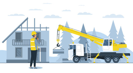 Construction of a country house using a truck crane. Vector illustration.