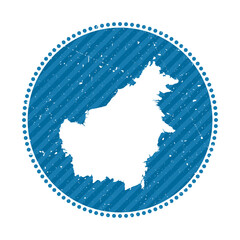 Borneo striped retro travel sticker. Badge with a map of the island, vector illustration. Can be used as an insignia, logotype, label, sticker, or badge of Borneo.