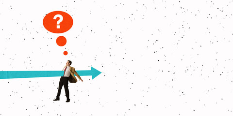 Contemporary art collage. Arow symbol passing throught businessman, employee with question mark symbolizing professional disorientation