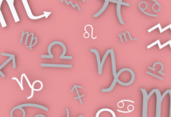 zodiac signs are gray on a pink background. Horoscope concept, top view.