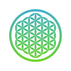 Flower of life symbol. Green blue geometric shape. Overlapping circles grid. Symbol of creation and unity. Figure representing the cycle of life. Seed of life sign. Vector illustration, flat, clip art